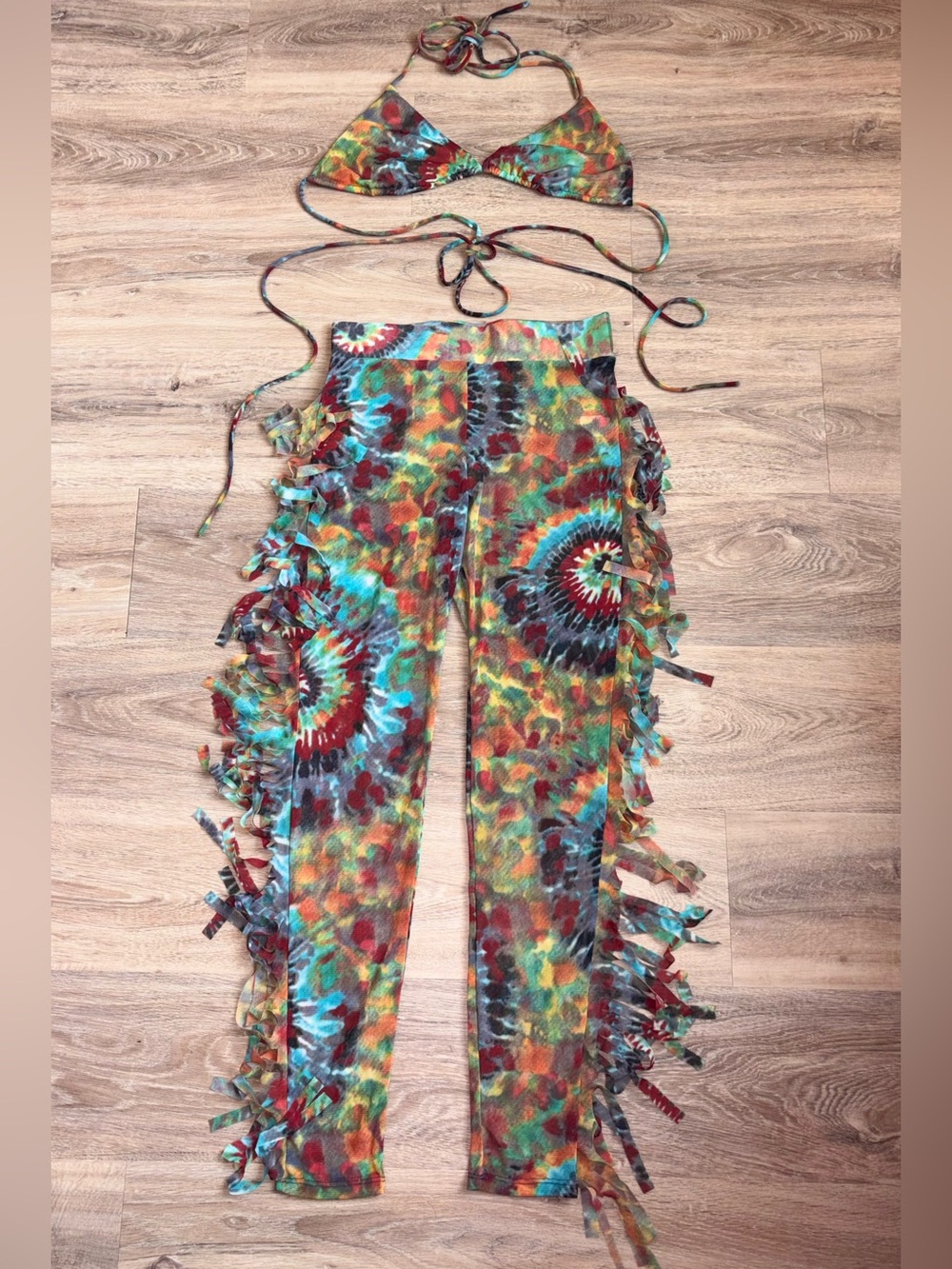 New Vivint Multicolor Tie-Dye Fringe Pants & Bikini Top Set. Size Medium